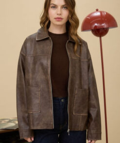 Faux Leather Collared Zip Up Jacket