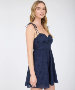 Alternative view of Floral Embroidery Tie Strap Mini Dress - Navy