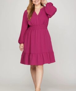 Long Sleeve Elastic Waist Ruffle Hem Dress - Berry