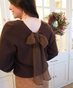 Drop Shoulder Back Bow Detail Sweater -Brown