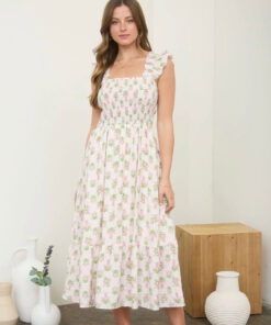 Floral Tile Pattern Smocked Sleeveless Midi Dress-Pink Multi