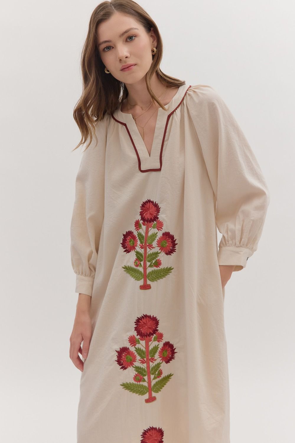 Embroidered Floral Maxi Dress - Ecru - Image 3