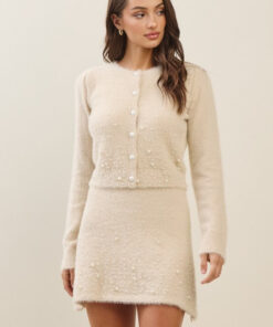 Pearl Detail Cardigan Sweater And Skirt Set - Sand