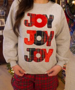 Alternative view of “Joy” Plaid Patch Detail Grey Christmas Sweatshirt
