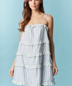 Alternative view of Light Blue Sleeveless Ruffle Stripe Mini Dress