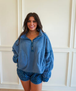 Blue Floral Printed Shorts and Floral Piped Sherpa Sweatshirt Set