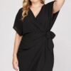 V-Neck Wrap Short Dress With Sleeves