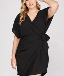 V-Neck Wrap Short Dress With Sleeves